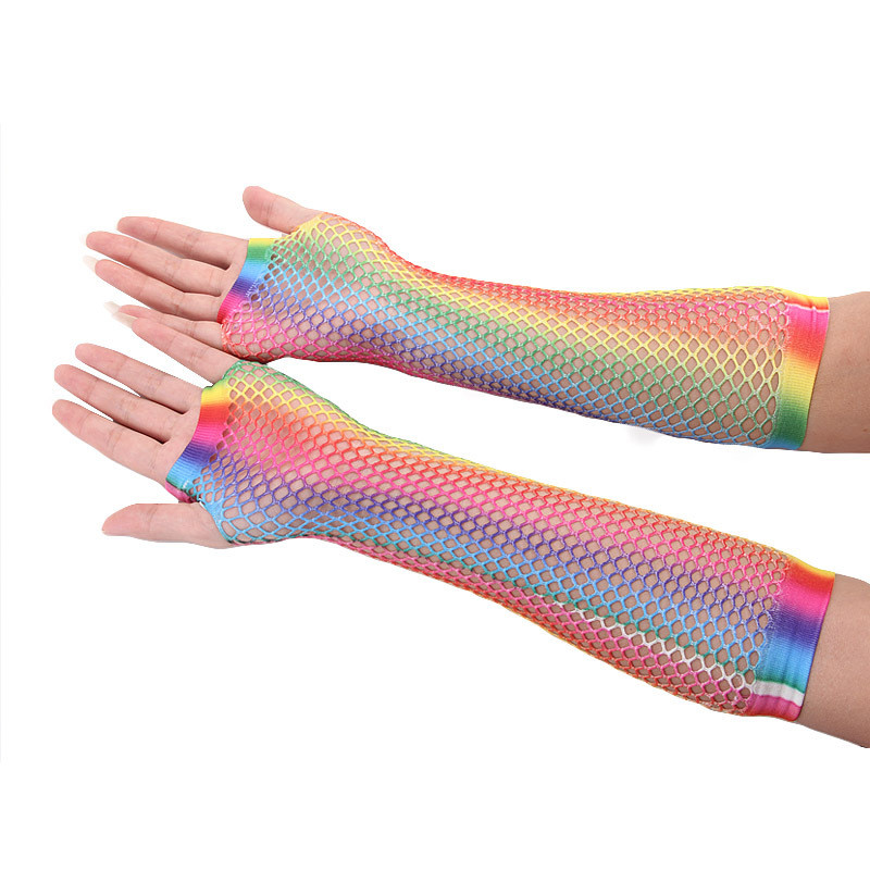 Rainbow fishnet gloves